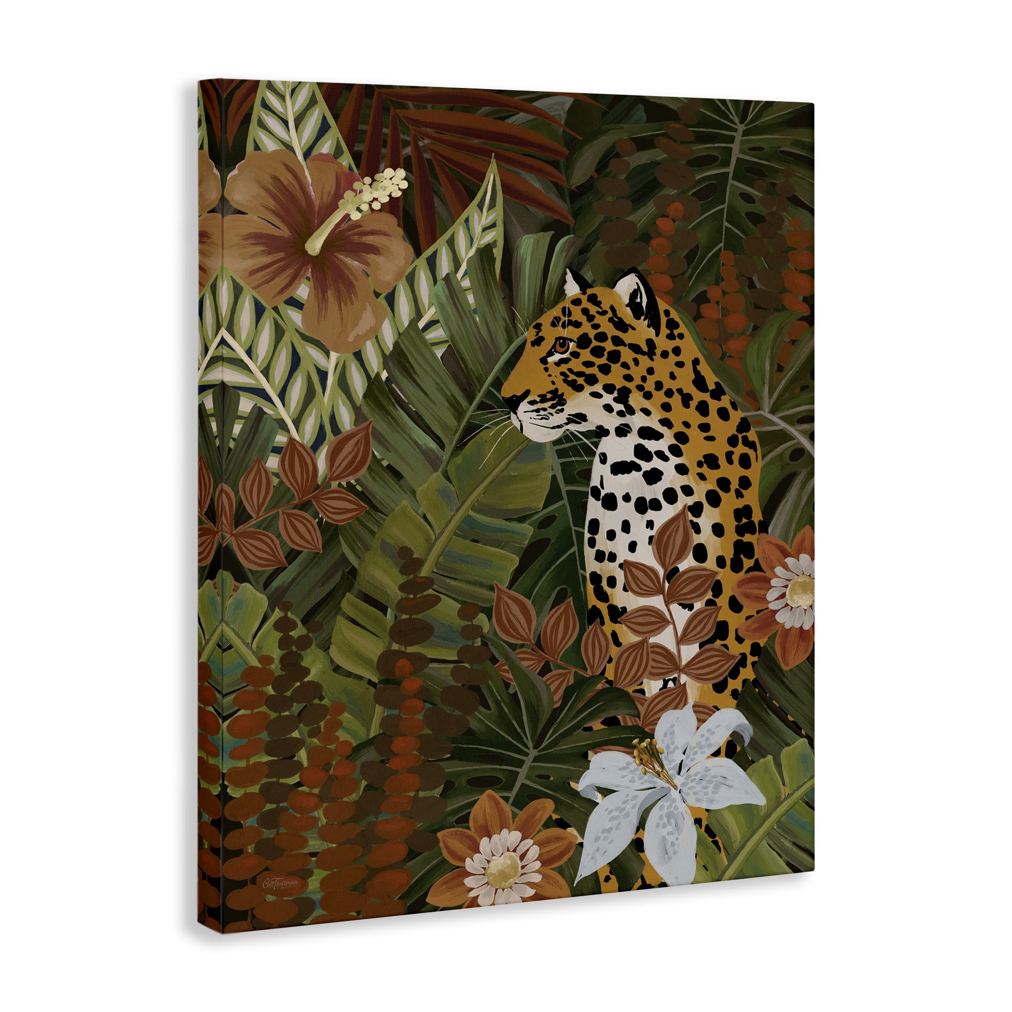 Stupell Industries Hibiscus Jungle Leopard Animals Painting Wrapped Canvas Art Print Wall Art, 24 x 30