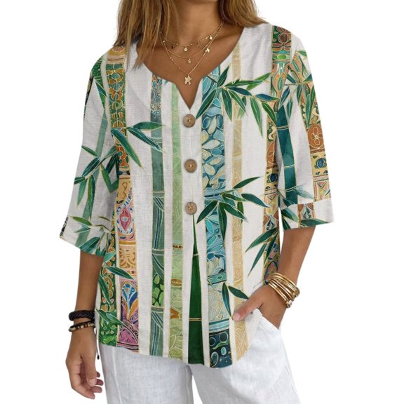 Xoenoiee Artistic Bamboos Print Print Linen Shirt for Women Spring Summer V Neck Button Down Linen Tops 3/4 Sleeve Oversized Blouse Women Casual Outfit, Small