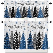 Christmas Kitchen Curtains and Valances Set, Rod Pocket Curtains Tier Farmhouse Window Curtains 24 Inch Length, Winter Snowflake Blue Black Grey Xmas Trees 3 Piece Kitchen Curtains Set