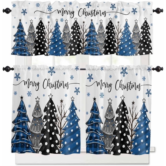 Christmas Kitchen Curtains and Valances Set, Rod Pocket Curtains Tier Farmhouse Window Curtains 24 Inch Length, Winter Snowflake Blue Black Grey Xmas Trees 3 Piece Kitchen Curtains Set