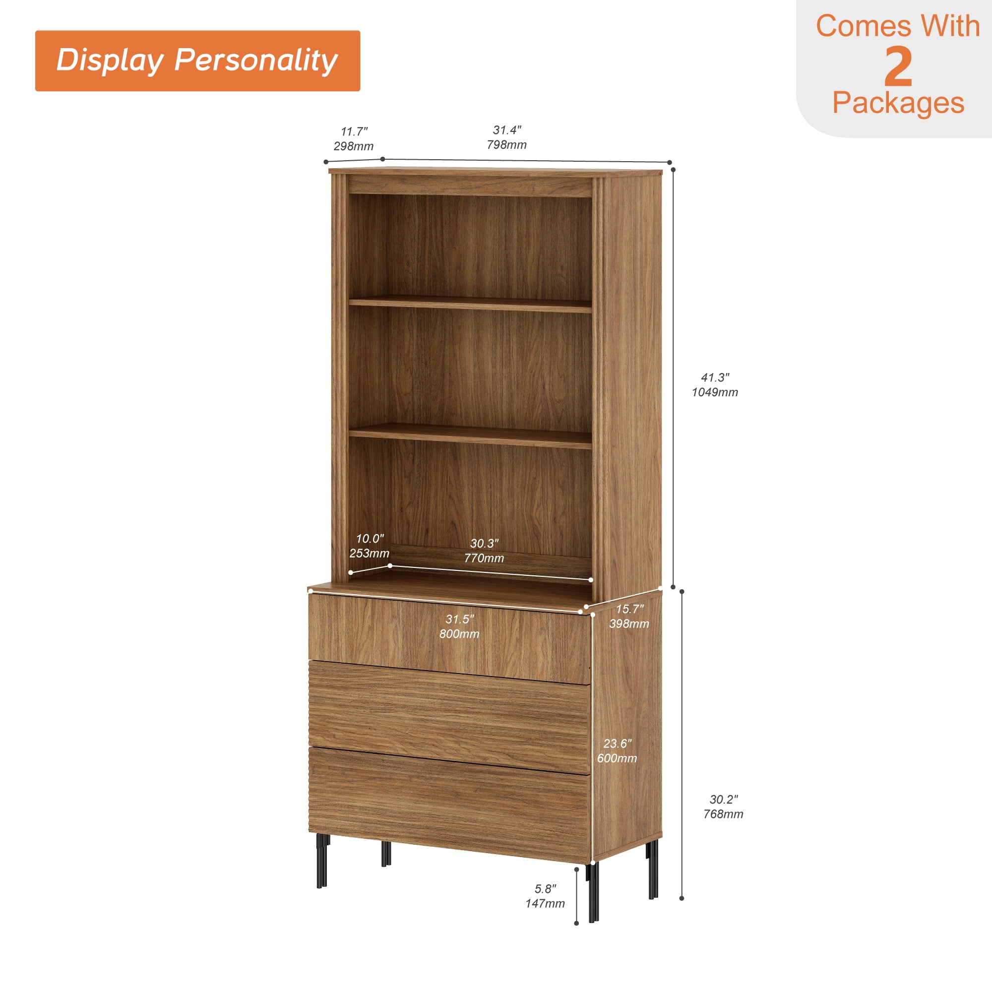 31.5"W Fluted Kitchen Hutch Sideboard with Adjustable Shelves, Wooden Modern Buffet Hutch Cabinet with 3 Drawers And 3 Tier Shelves