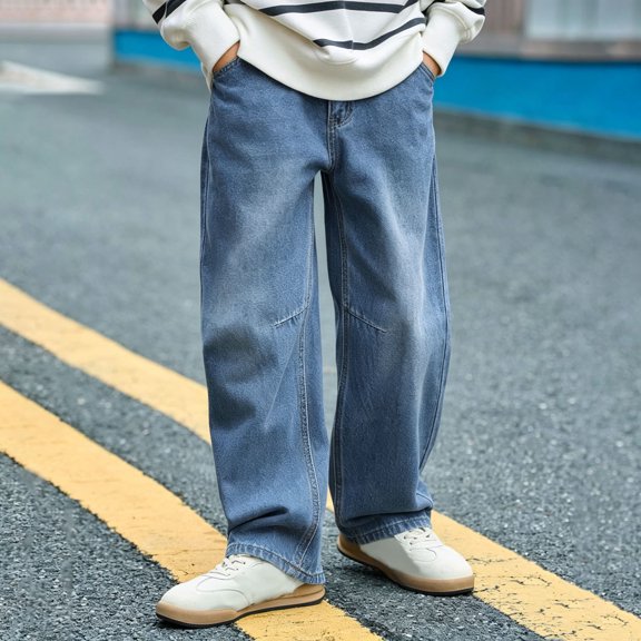 Boys Wide Leg Jeans, Solid Color Loose Straight Leg Full Length, Casual Fashion Denim Pants For Kids Light Blue 14-15Years