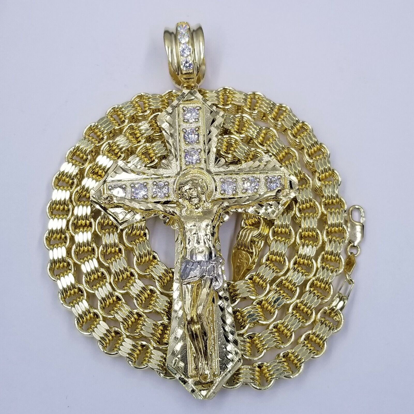 10k Gold Mens Byzantine Box Necklace 26" Cross Charm Pendant Jesus (length:Chain with Charm;)