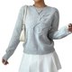 thumbnail image 3 of Suéteres de Cuello Redondo con Apliques Florales 3D para Mujer, Larga, Hombros Caídos, Elegantes Tops de Punto Gris L, 3 of 8