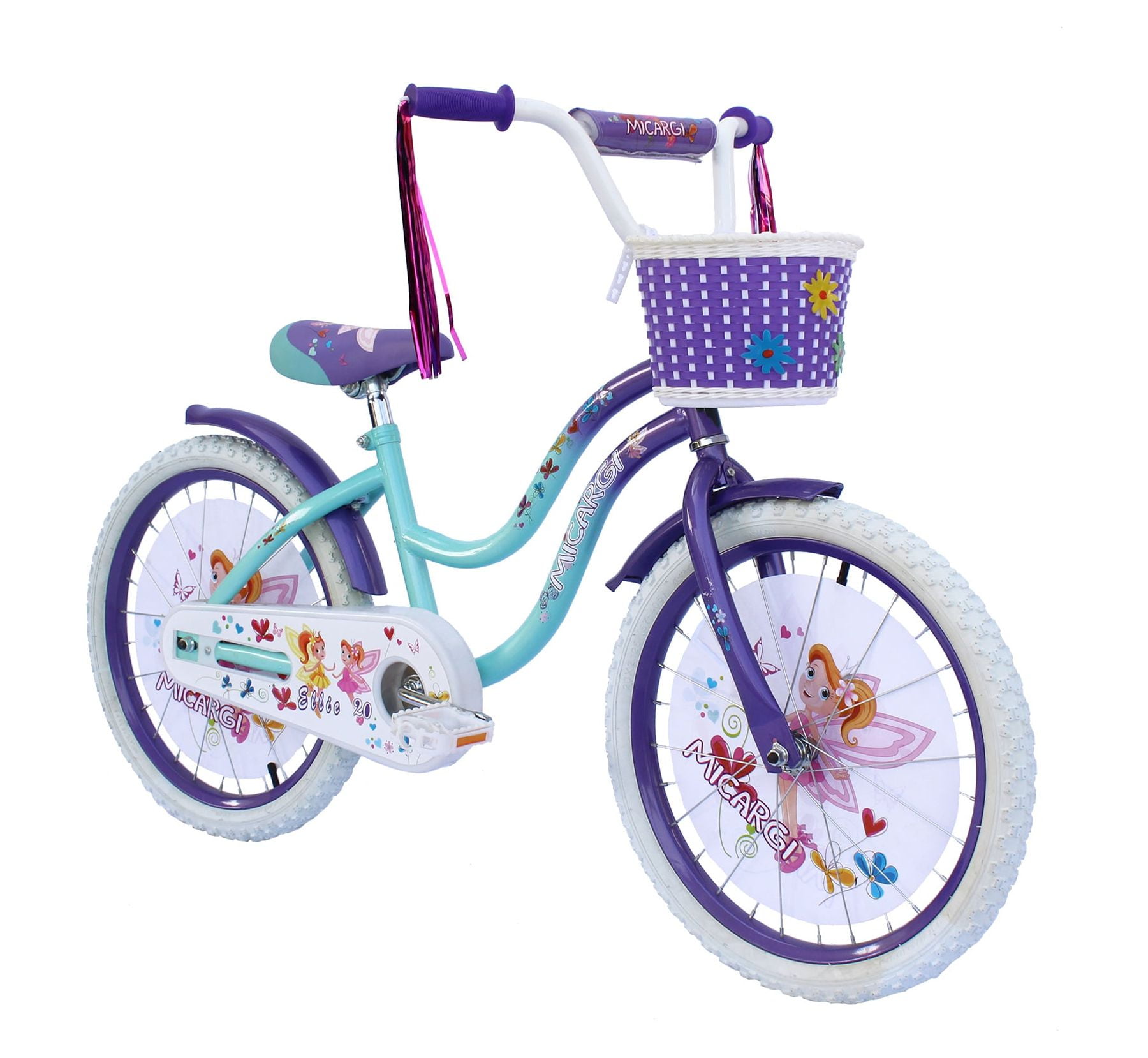 USToyOutlet 20 In. Cruiser Steel Frame Bicycle Coaster Brake One Piece Crank, White Full cover Chain Guard, Purple Baskets, Fenders & Rims, White Tire Kid's Bike - Purple/Baby Blue