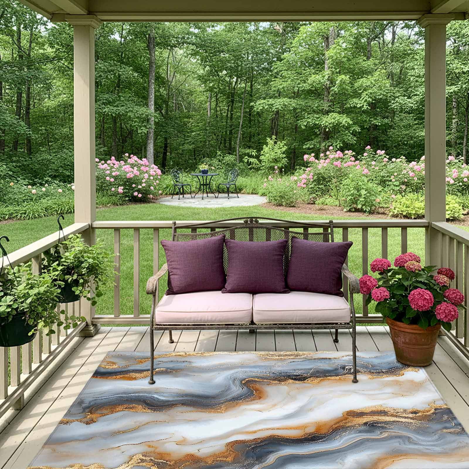 Outdoor Rug 5x8ft Ombre Gray Golden Marble Texture Large Area Rug Abstract Art Indoor Outdoor Carpet Outdoor Rugs Mats for Patio Camping,RV,Front Door, Outside Decor