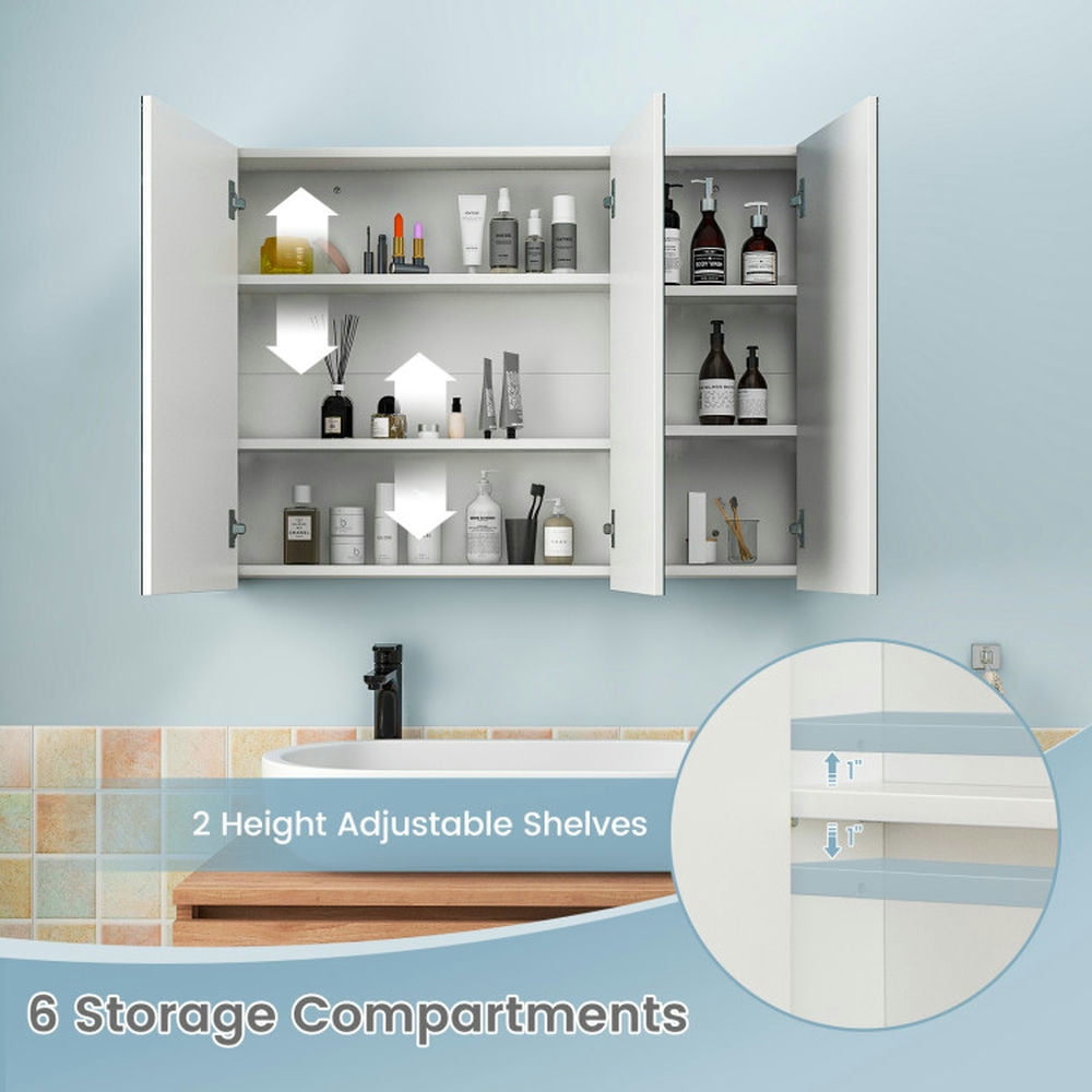Finihen Bathroom Wall Cabinet, Wall Mounted Bathroom Mirror Cabinet, Frameless Bathroom Wall Mounted Mirror Cabinet with 3 Doors and Adjustable Shelves, White Finihen Bathroom Wall Cabinet, Wall Mounted Bathroom Mirror Cabinet, Frameless Bathroom Wall Mounted Mirror Cabinet with 3 Doors and Adjustable Shelves, White