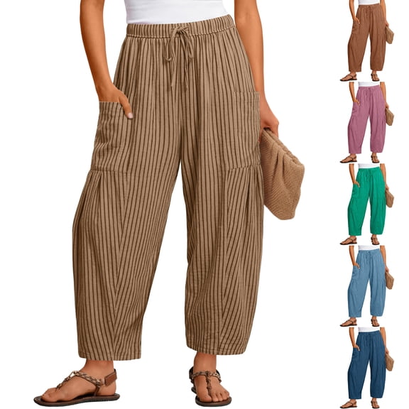 Dwellite Women's Linen Wide Leg Pants Summer 2026 Casual Loose Beach Vacation Baggy Palazzo Pant with Pockets Light Brown L