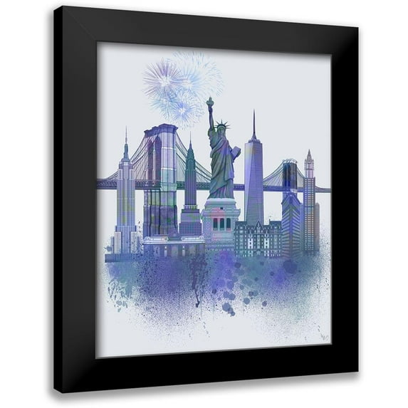 Fab Funky 12x14 Black Modern Framed Museum Art Print Titled - New York Skyline Watercolour Splash Blue