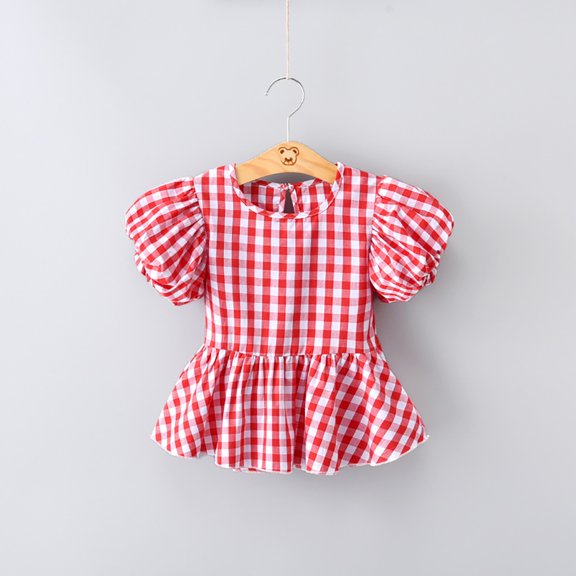 TIREOW Kids Girls Puff Sleeve Plaid Ruffle Crewneck Blouse Summer Ruffle Peplum Babydoll Tops Cute Plaid Cotton Shirts Peplum Blouse T Shirt Top