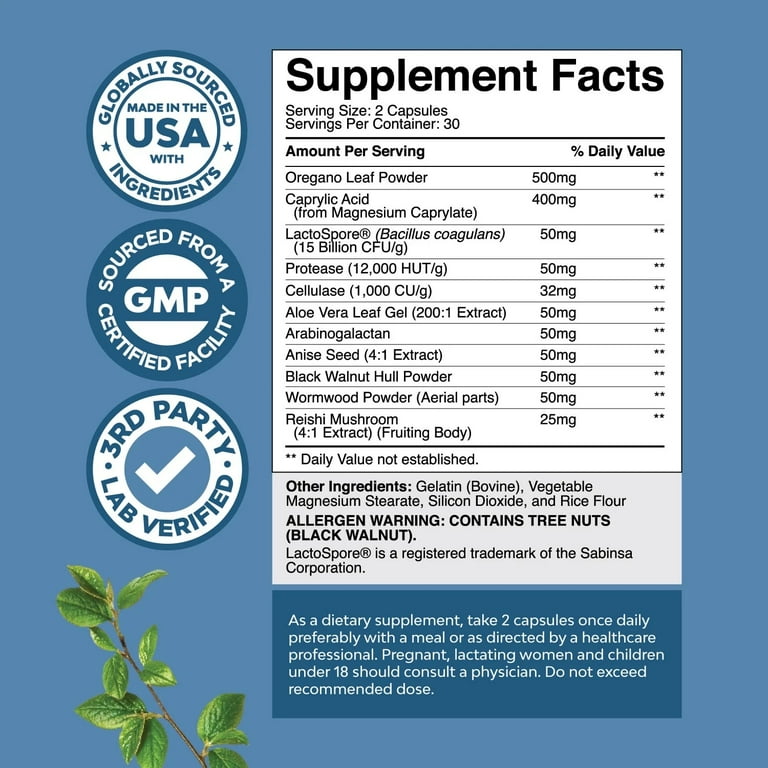 Nature's Craft Candida Support Complex with Digestive Enzymes Formula - with Probiotics & Oregano Leaf Extract - 60ct