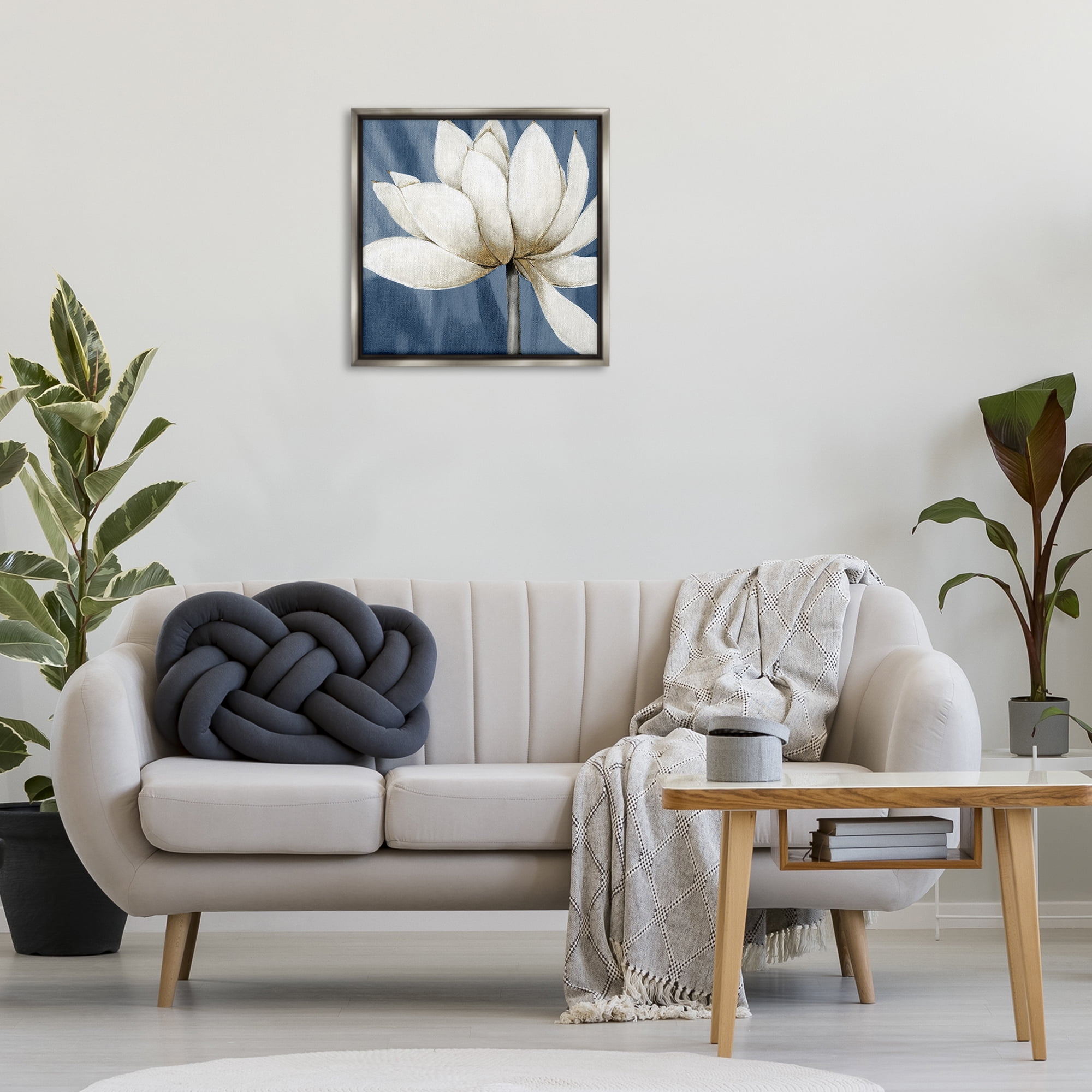 Stupell Industries White Lotus Petals Botanical & Floral Painting Gray Floater Framed Art Print Wall Art, 25 x 25