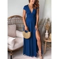 thumbnail image 2 of QWZNDZGR Women's Deep V-Neck Short Sleeve Long Skirt Pleated High Waist Split Club Party Evening Dress Solid Color Dress, 2 of 8