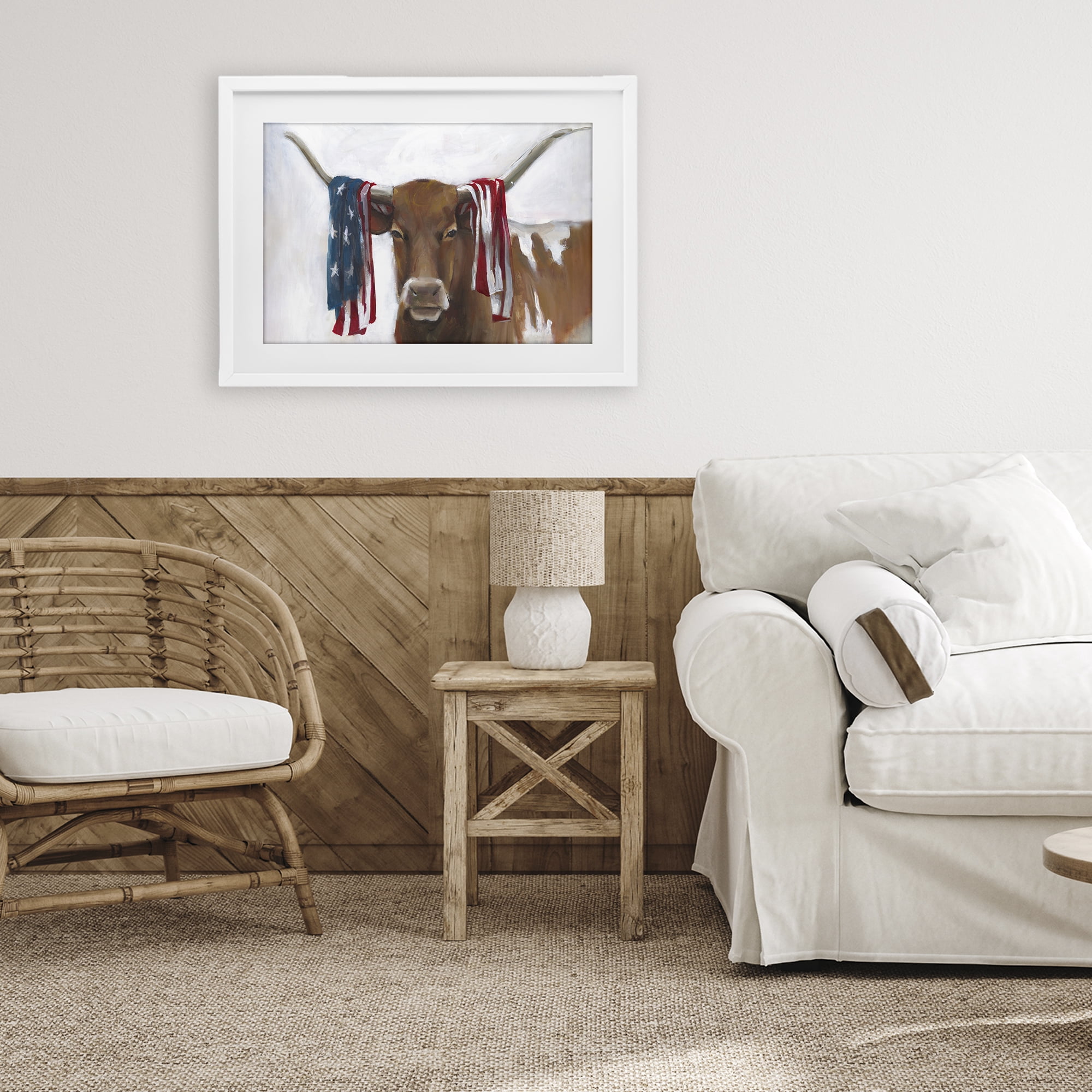 Stupell Industries Patriotic Longhorn with Flag White Framed Print Under Glass, design by White Ladder