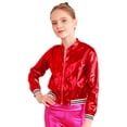 thumbnail image 3 of Yartina Kids Girls Metallic Bomber Jacket Coat Zip Up Long Sleeve Jazz Dance Crop Top Windbreaker Red 10, 3 of 9