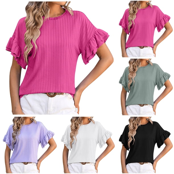 Fiudx Ofertas Flash Del Día Camiseta Informal de Manga Corta con Encaje y Cuello Redondo a La Moda para Mujer