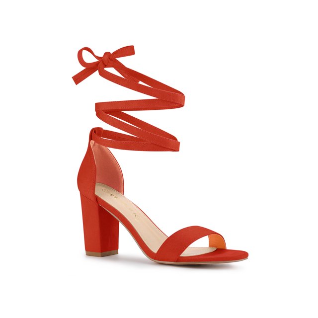 BLISSFUL STEP Sandales à Talon Bloc à Lacets et à Bride Cheville pour Femmes Orange Rouge 11