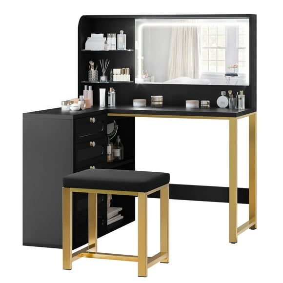 Vanity Table Set with Mirror and LED Light, L Shaped Modern Makeup Vanity Dressing Table, 5 Visualized Drawers and Storage Shelves for Bedroom, Gold Corner Vanity Desk for Women Girls,Black