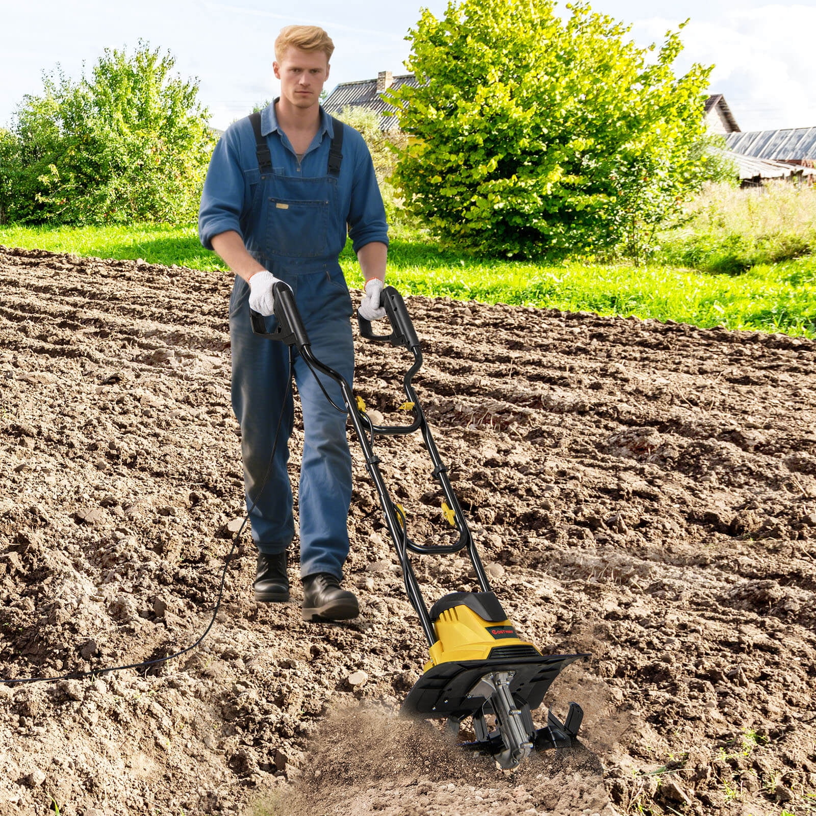 Costway Corded Electric Tiller Cultivator, 10 Amp Powerful Foldable Garden Rototiller Yellow