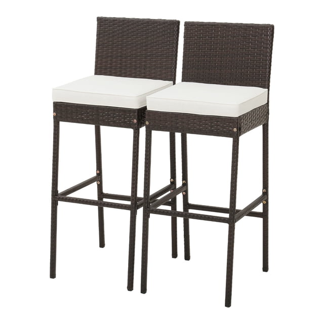 Juego de 2 Taburetes de Mimbre Costway Patio Silla Alta de Bar con Cojín Marco de Metal 50 x 40 x 108 cm