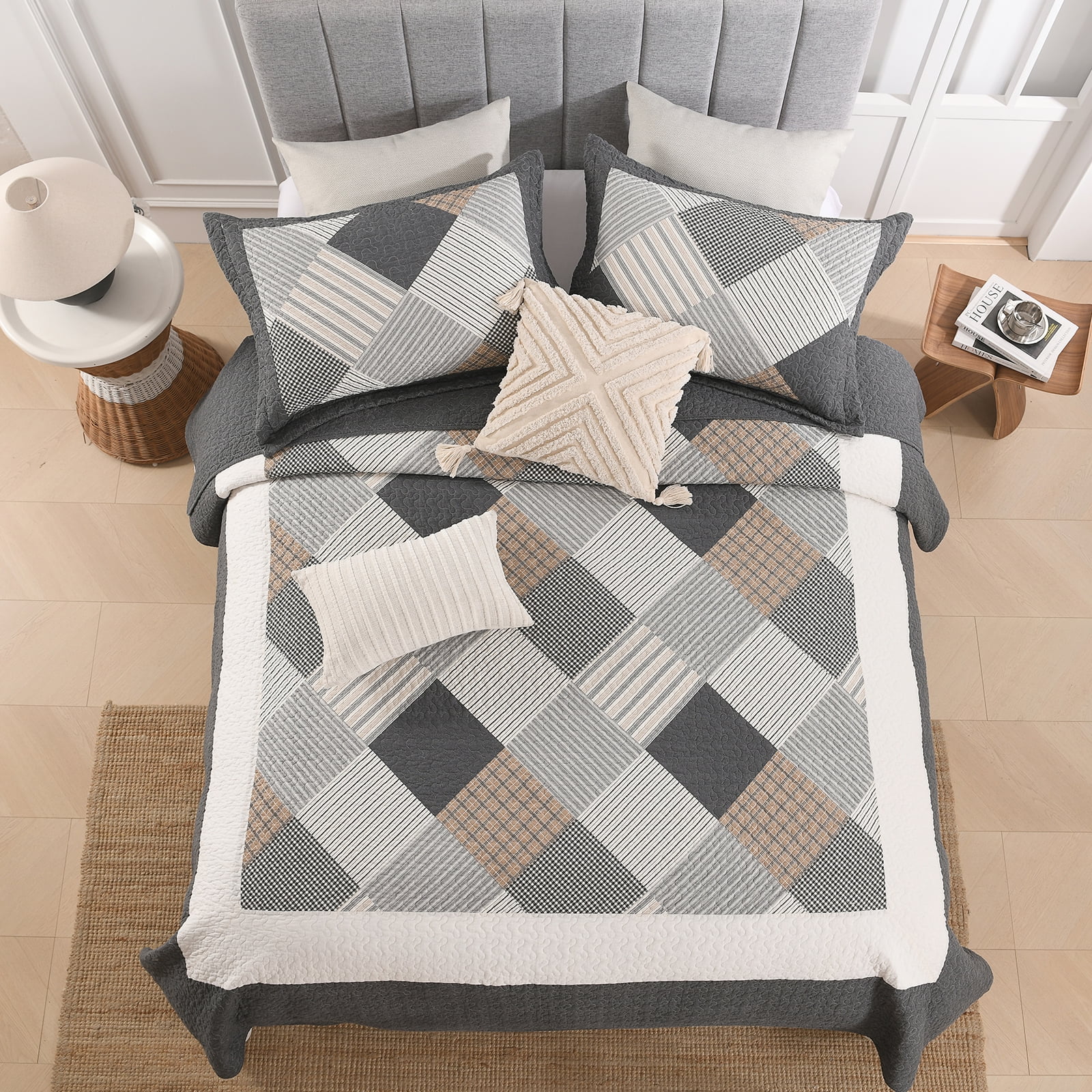 PANGUSHAN 100% Cotton Quilt Set King Size, 3pcs Plaid Bedspread Quilt Bedding Set for King Bed, Reversible Lightweight Comforter Bed Spread for All Seasons, Dark-Gray/White/Brown