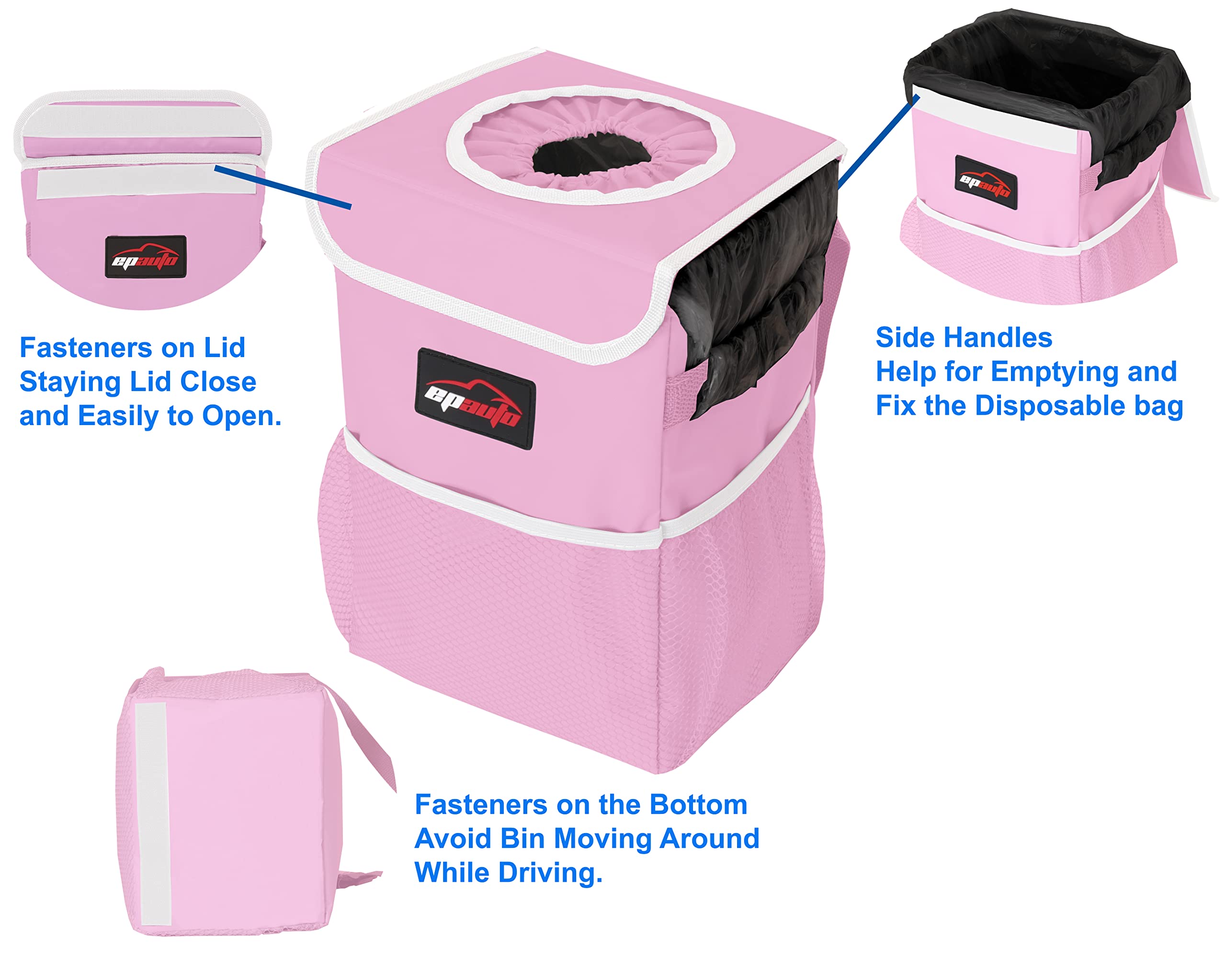 EPAuto Waterproof Car Trash Can with Lid and Storage Pockets, Pink 