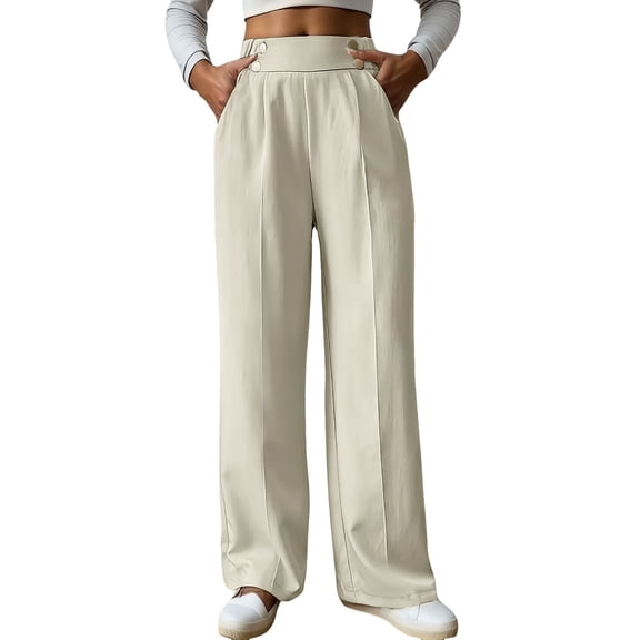 Women's Casual Straight Leg Pants - Side Button Design, Elastic Waist, Functional Pockets, Polyester, Sizes S-XXXL, 100-105cm Length, Machine Wash