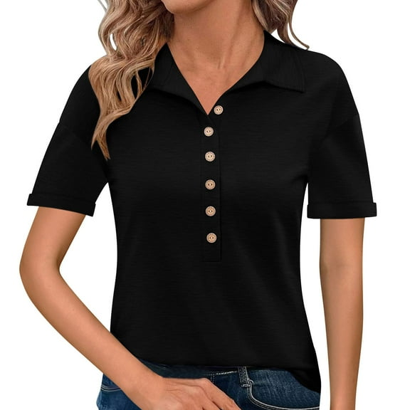 WTXUE Polos, Womens Summer Daily Casual V Neck Shirts Short Sleeve Tops Collared Blouses Loose Fit Shirt, Women, Black L