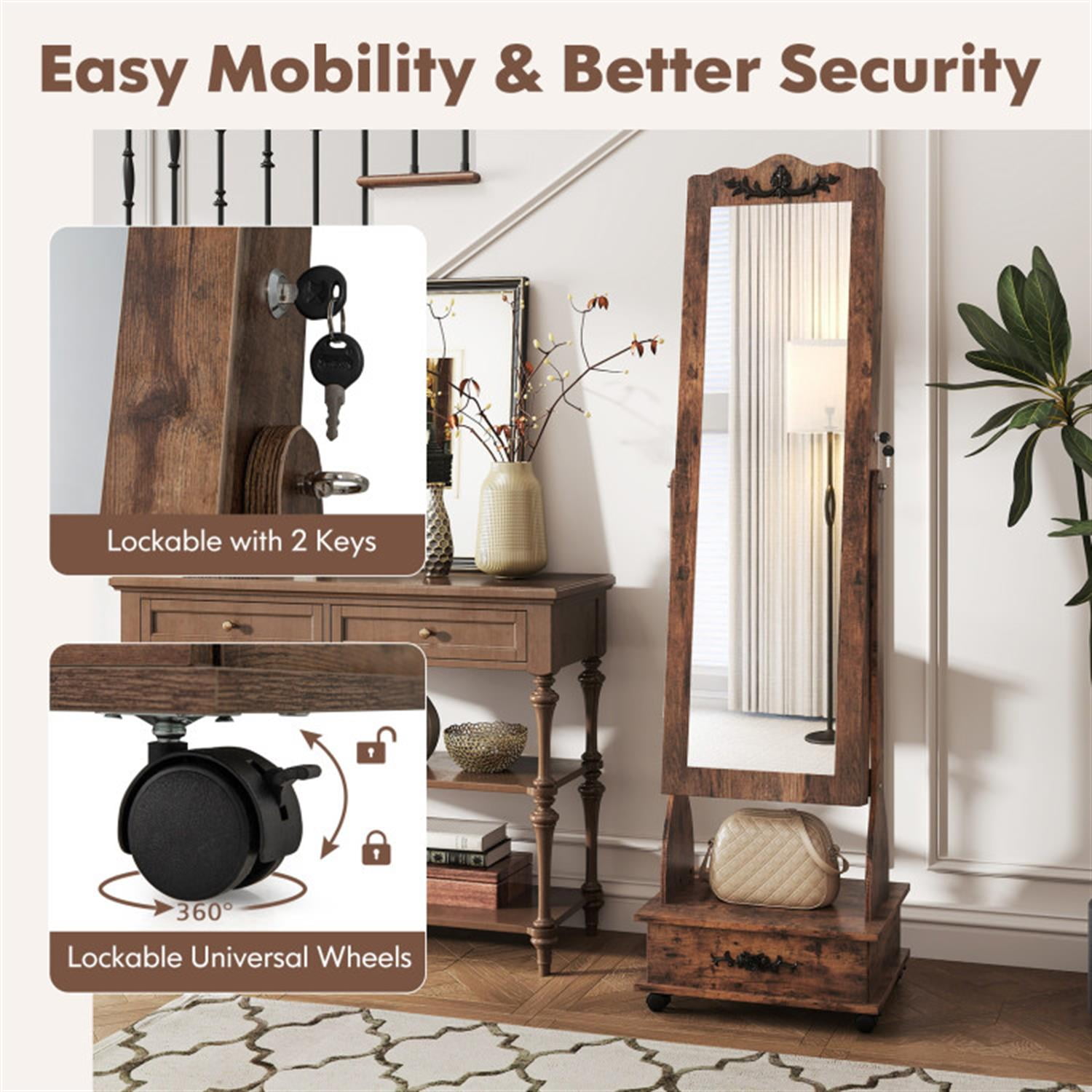 Demi Bonn Freestanding Rolling Floor Standing Mirrored Jewelry Armoire with Lock and Drawers, Lockable Makeup Storage Organizer, Brown