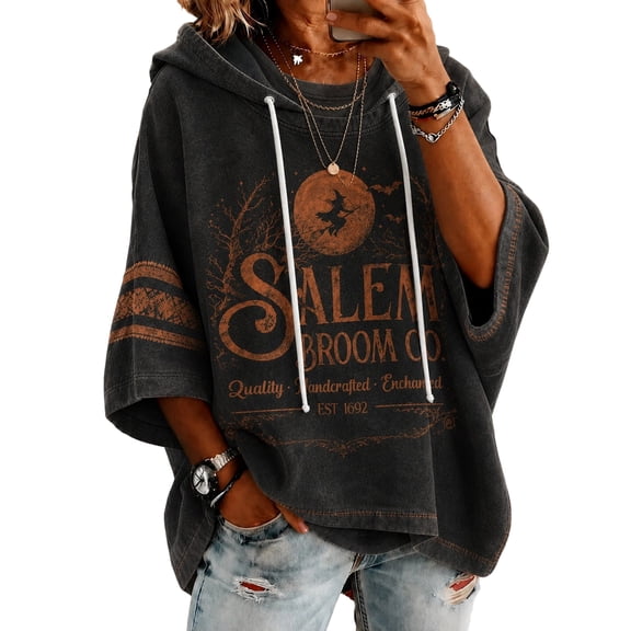 Women's Salem Broom Company Printed Hoodies Halloween Witch Spooky Season Sweatshirt Witch Costume Vintage Scary Holiday Pullover Black L