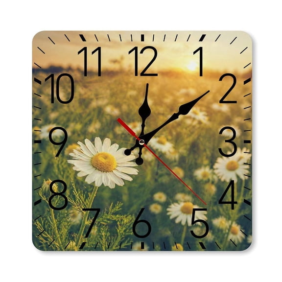 RKSupls 10×10inch Square Silent Wall Clock Wooden Frame, Sunset Daisy Field Scale Decorative Clock for Home Bedroom Living Room Office