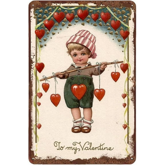 Cute Boy with Hearts Vintage Tin Sign Valentine Metal Sign Valentine's Day Gift Wall Decor for Home Office Bedroom Living Room Coffee Bar Club Pub Decor Housewarming Gift 5.5x8 Inch