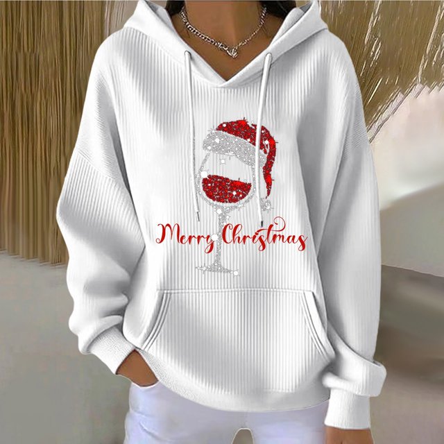 Chandails d'Hiver Grande Taille pour Femmes Chandails à Capuche à Manches Longues Col Rond Imprimé de Noël Décontracté à la Mode pour Femmes Blanc TTG