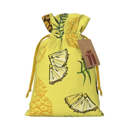 ZICANCN Christmas Gift Bags, Pineapples Palm Leaves Exotic Reusable Fabric Drawstring Storage Bags with Drawstring, Medium Size