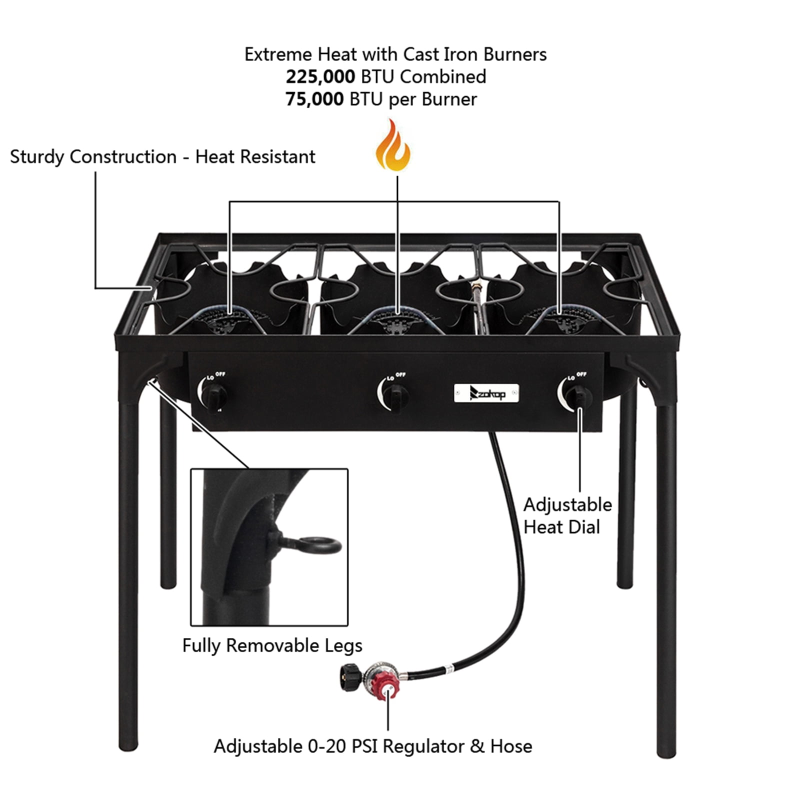 Topcobe Portable Propane Gas Cooker, Iron Cast Patio Burner, Outdoor Stove for Camp Cooking (Three Burner 225000-BTU)