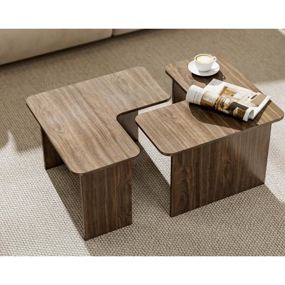 VESCASA Modern L Shaped Nesting Coffee Table Set of 2 Modular Rectangle Walnut Wood Table for Living Room