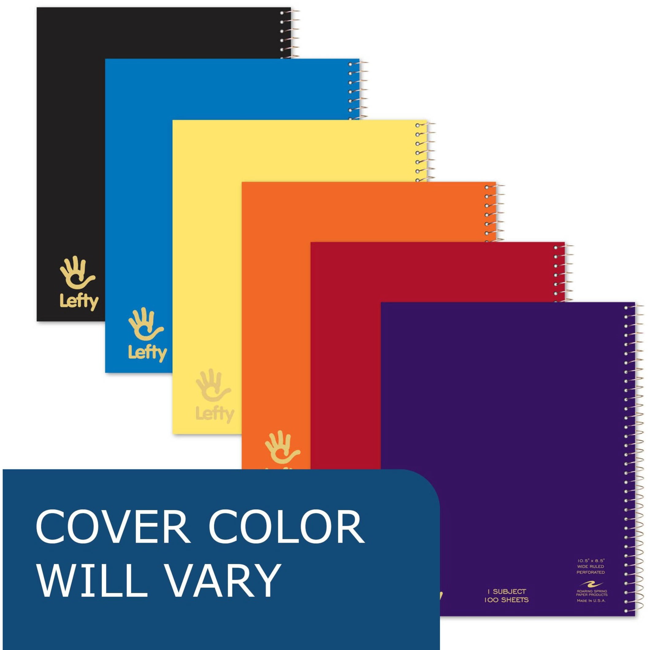 Roaring Spring Lefty Subject Wide Ruled Left Handed Spiral Notebook, 1 Case (24 Total), 10.5" x 8.5" 100 Sheets, Assorted Saranac Covers