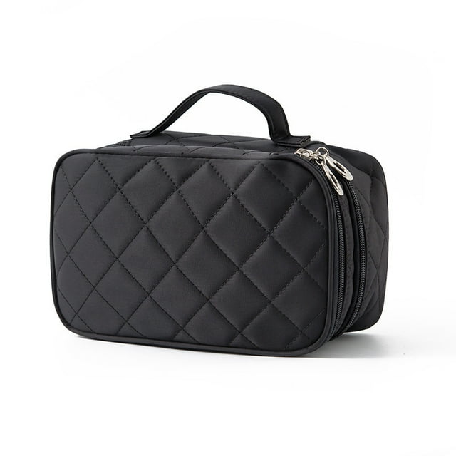 Bolsa de maquillaje de viaje – Estuche de maquillaje de piel organizador portátil para artistas con divisores ajustables para brochas de maquillaje, accesorios digitales, Negro