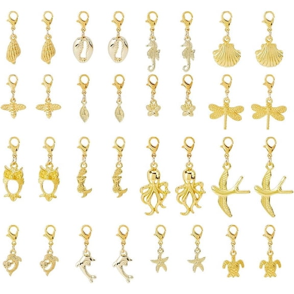 32Pcs 16 Styles Clip on Charm Vintage Animal Charm Assorted Dangle Charms with Lobster Clasp Golden Bracelet Charms