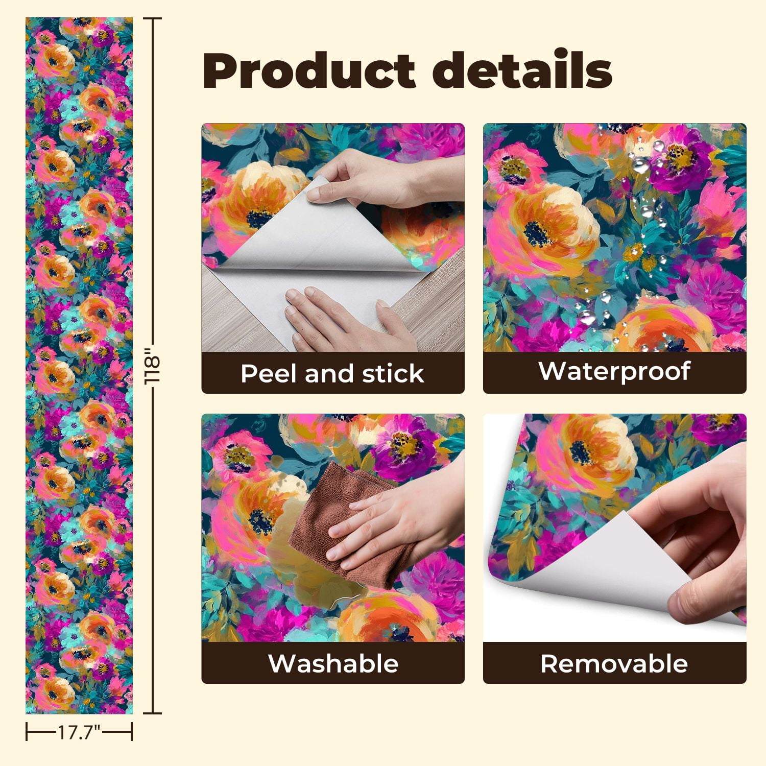 Peel and Stick Wallpaper Vibrant Floral Bouquet Bold Pink Purple Orange Flowers Wall Mural 17.7in x 9.8ft Self Adhesive Removable Wall Paper Renter Friendly Wallpaper for Nursery Bedroom Cabinets