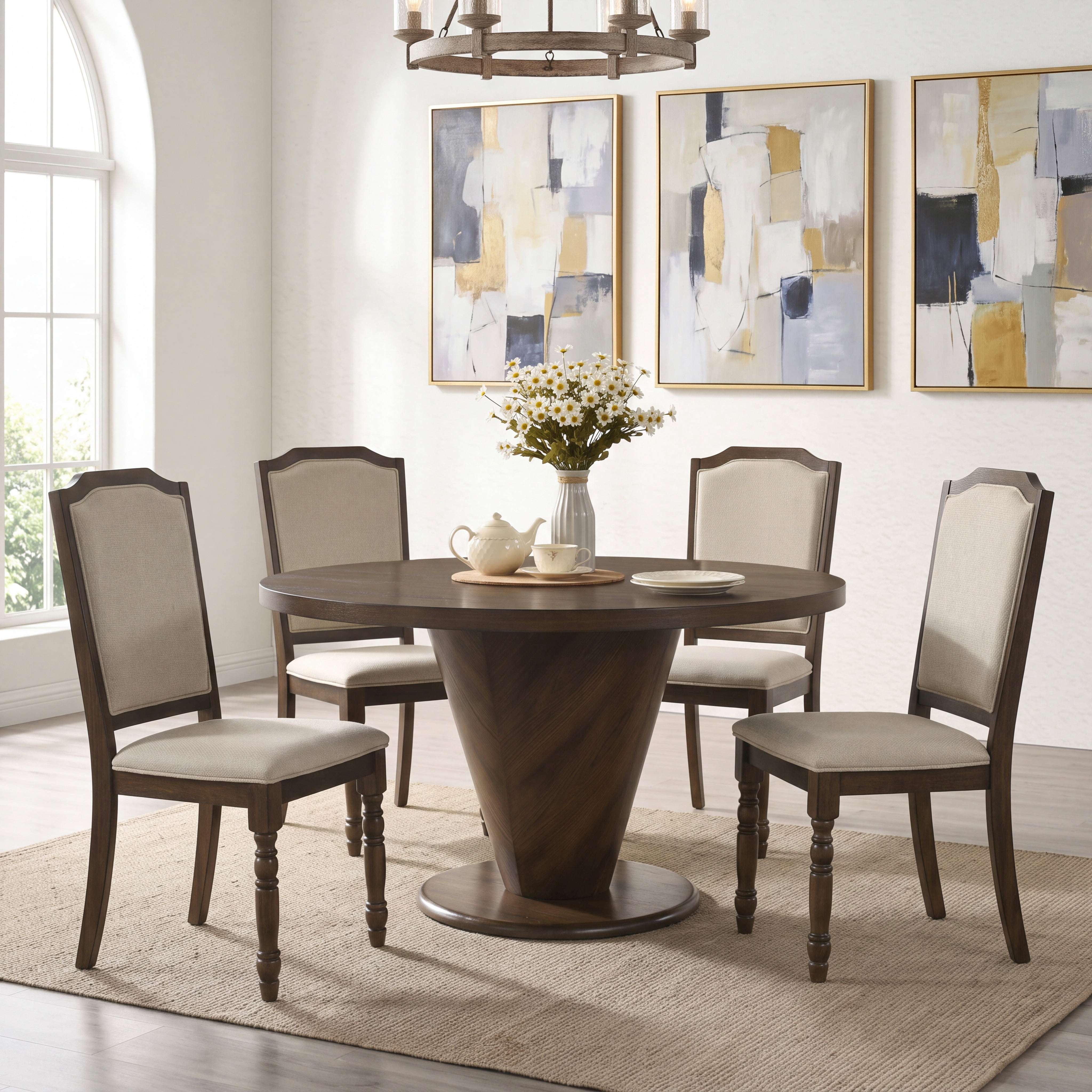 Roundhill Furniture Solene 5-Piece Dining Set, Round Dining Table with 4 Iris Chairs, Walnut Finish