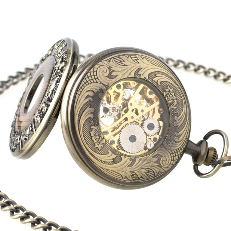 PACIFISTOR Pocket Watch Bronze Stainless Steel Case Skeleton Hand Winding Birthday Gift for Lovers Dress