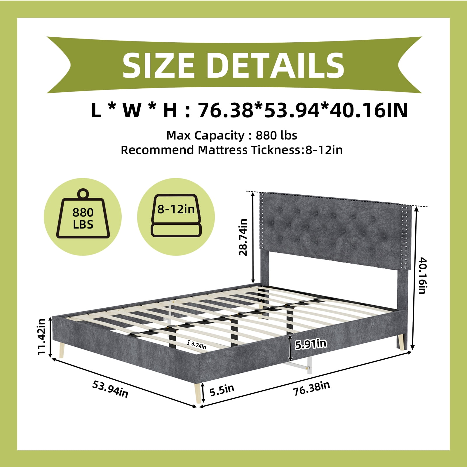 Alvantor Full Size Upholstered Bed Frame with Padded Headboard, Holland Velvet Tufted Gray