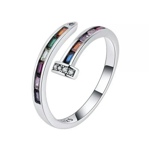K-KED S925 Solid Sterling Silver Rainbow 5A Zirconia Nail Ring Open Rings Gifts Women