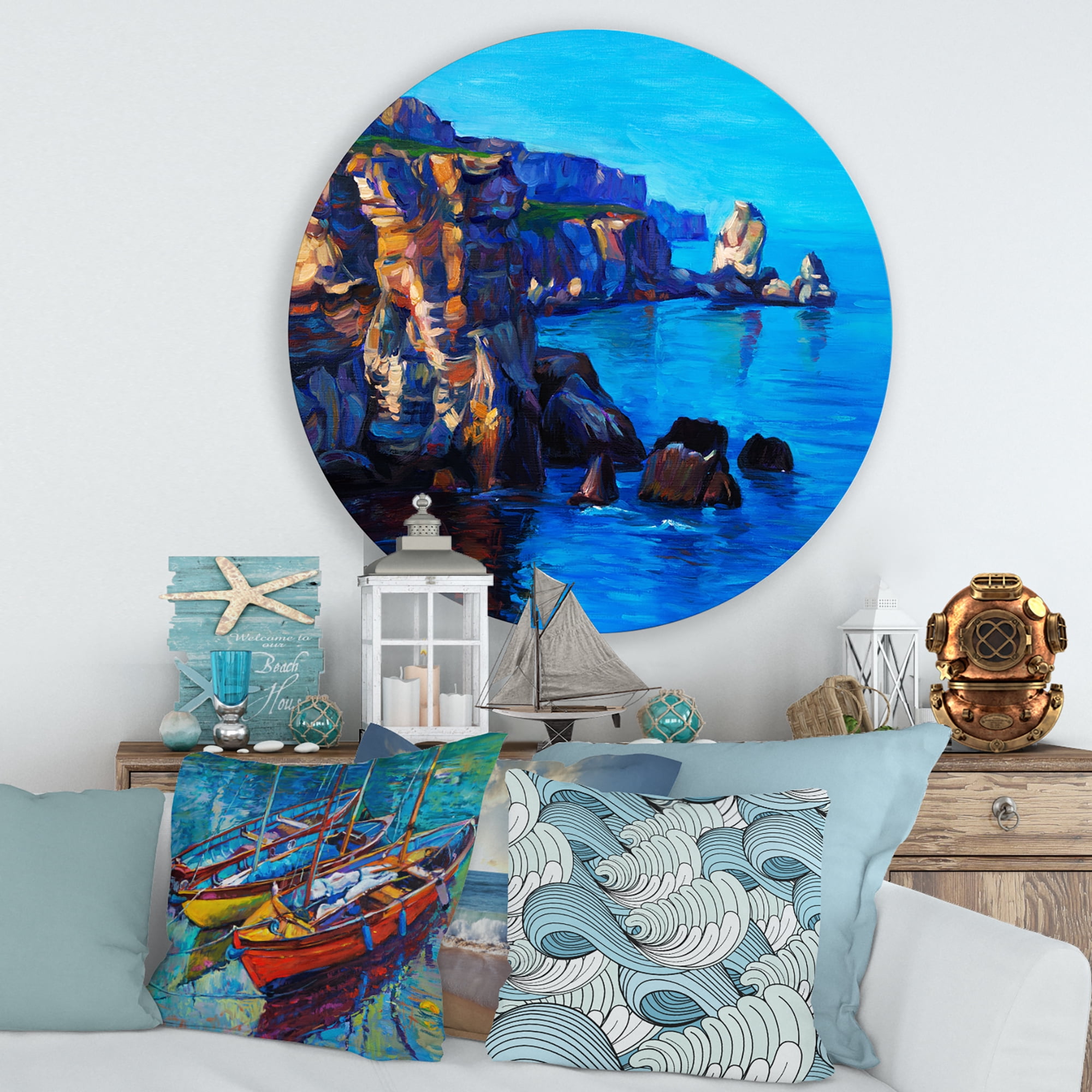 Designart 'The Ocean By Cliffs In The Evening Glow' Nautical & Coastal Circle Metal Wall Art 36x36 - Disc of 36