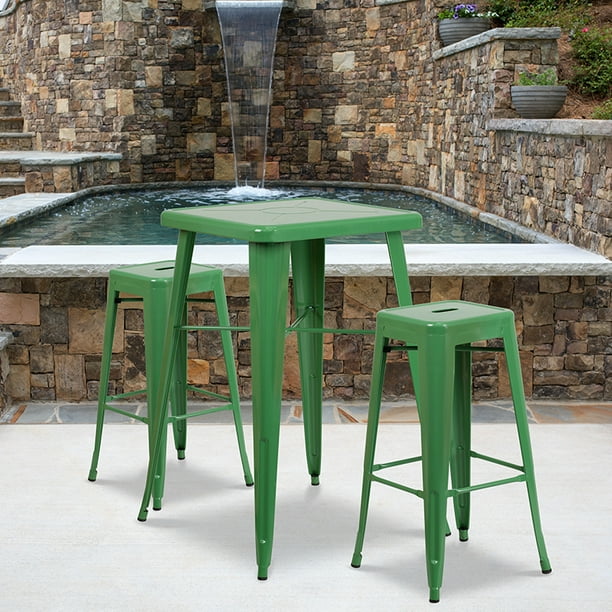Commercial 23.75SQ Green Metal IndoorOutdoor Bar Table Set2 Backless