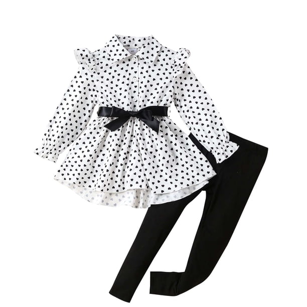 Odeerbi 2-8 Años Niñas Algodón Conjunto Cuello Peter Pan Camisa Manga Larga Con Falda de Dos Piezas Conjunto Falda Con Lazo