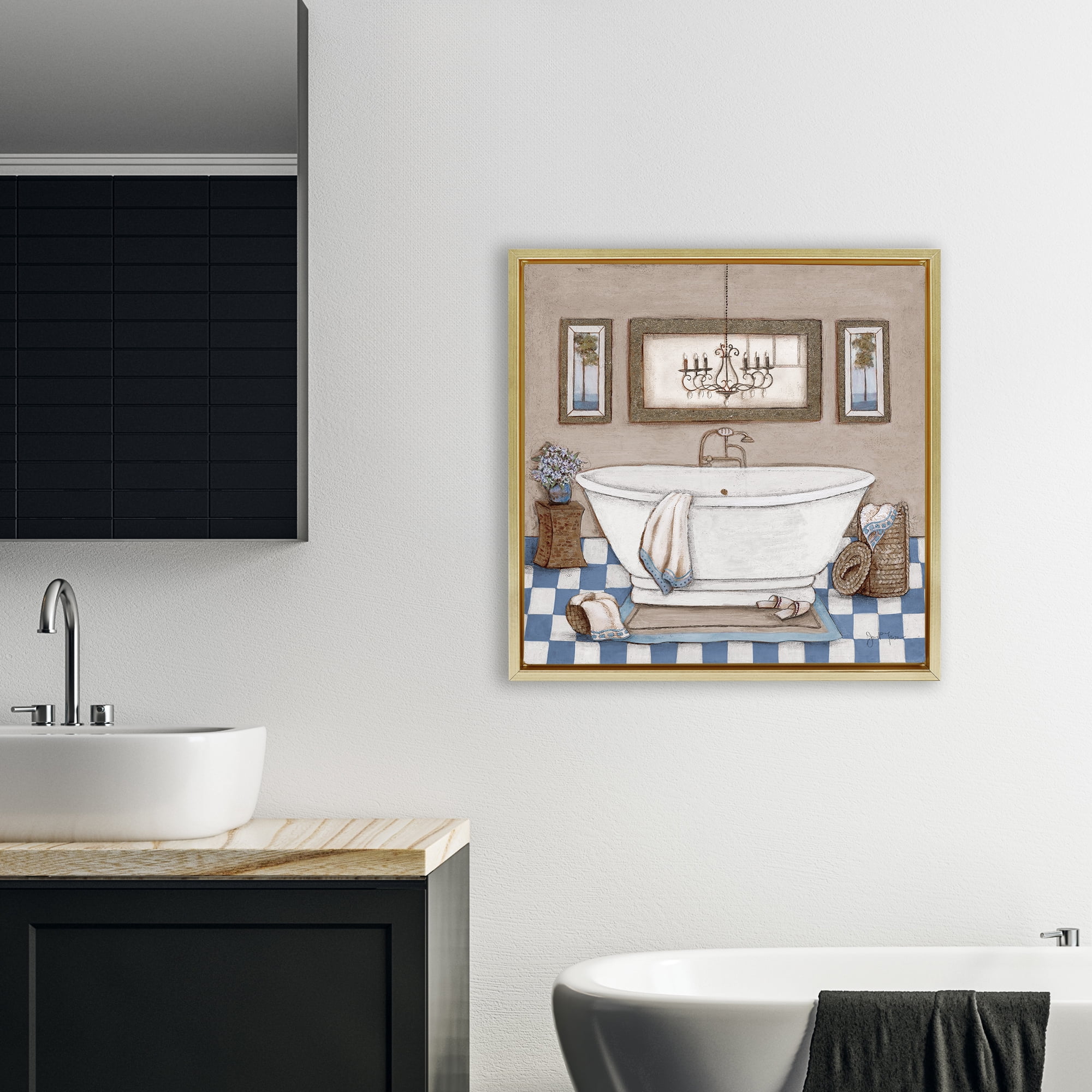 Stupell Industries Checkered Bathroom & Chandelier Gold Framed Floater Canvas Wall Art, design by Janet Tava