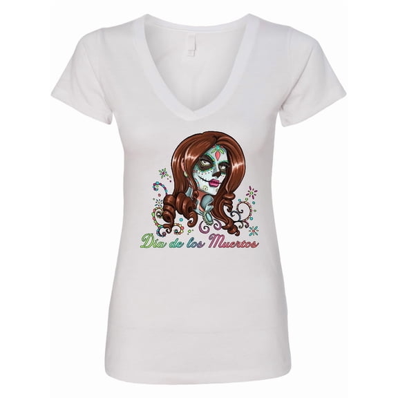 Inktastic DÃa De Los Muertos in Sugar Skull Makeup Women's V-Neck T-Shirt