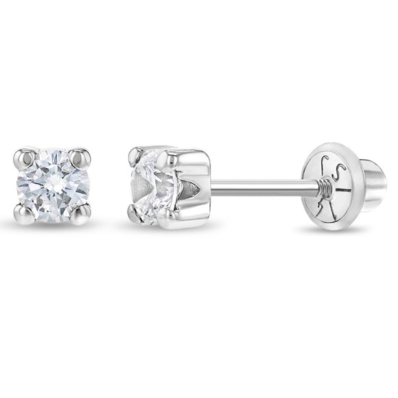 14k White Gold Tiny 3mm Clear CZ Solitaire Toddler & Baby Screw Back Earrings